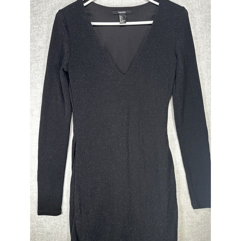 Forever 21 Womens Bodycon Long Sleeve Stretch V-Neck Mini Dress Black S Sparkle